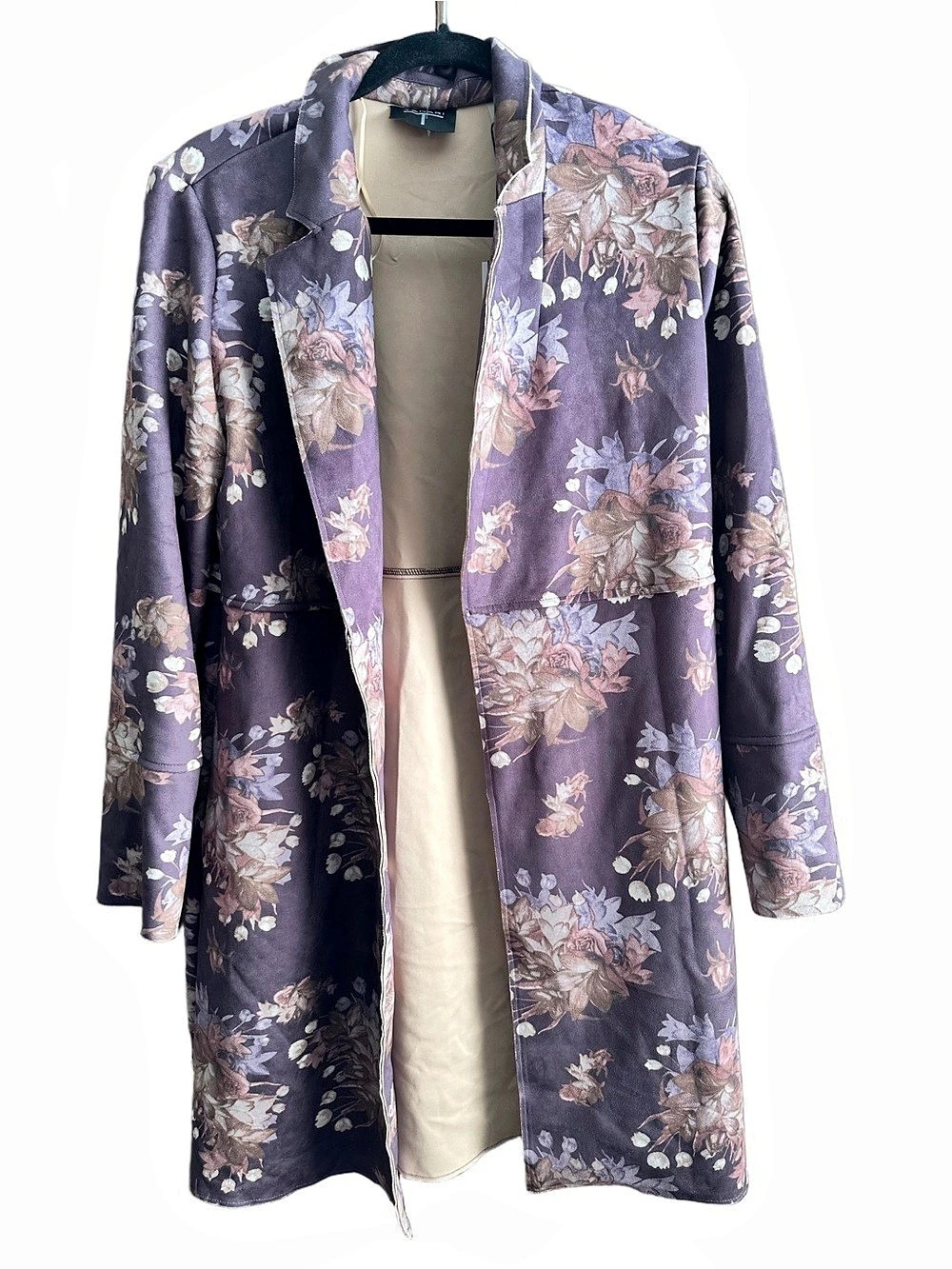 TAHARI Faux Leather Floral Print Open Front Long Jacket Size M NWT Taupe Tan